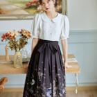 Set: Short-sleeve Lace Panel Blouse + Cat Print Midi A-line Skirt