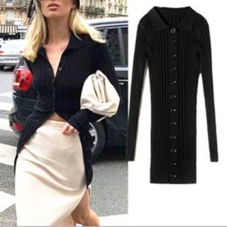 Polo-neck Ribbed Cardigan Black - One Size