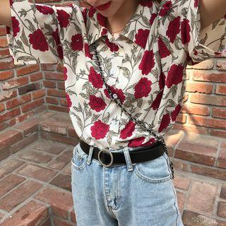 Elbow-sleeve Floral Shirt / Midi Dress