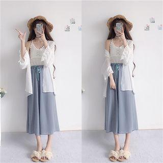 Wide-strap Top / Crochet Knit Camisole / Wide-leg Pants / Chiffon Jacket / Crochet Knit Cardigan