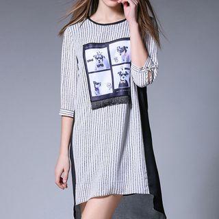 Printed Pinstriped Elbow-sleeve Dress