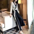 Set: V-neck Color Block Long-sleeve Top + Side Slit Wide-leg Pants