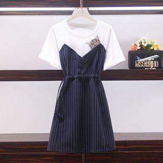 Striped Mock Two-piece Cat Embroidered Short-sleeve A-line Dress
