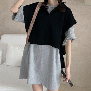 Elbow-sleeve Mini A-line T-shirt Dress / Vest