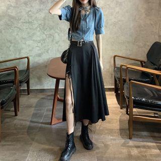 Square-neck Short-sleeve Denim Top / Side-slit Midi A-line Skirt / Set