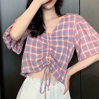 Short-sleeve Plaid Drawcord Crop Top