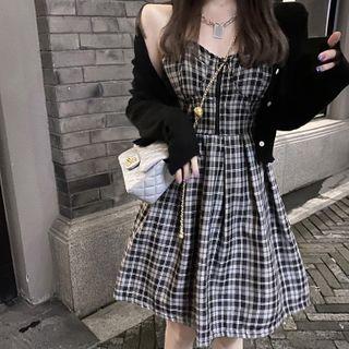 Light Jacket / Plaid Strappy A-line Dress