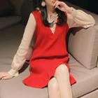 Mock Two-piece Long-sleeve A-line Knit Dress Red - One Size