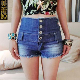 High Waist Washed Denim Hot Pants