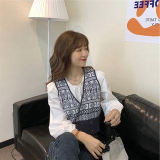 Pattern Knit Vest / Long-sleeve Plain Blouse
