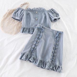 Set: Lace-trim Blouse + High-waist Skirt