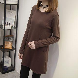 Long-sleeve Pocket-detailed Plain T-shirt