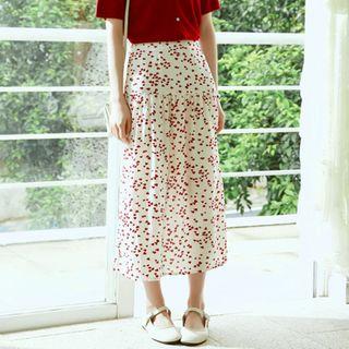 Heart Print A-line Midi Skirt Floral - Beige - One Size