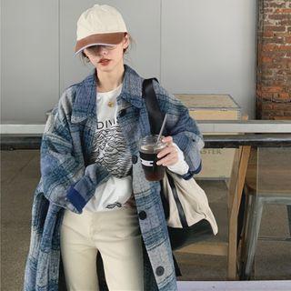 Single Breasted Plaid Long Coat Plaid - Blue & Gray - One Size