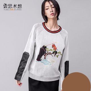 Faux Leather Panel Embroidered Pullover