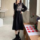 Long-sleeve Collared Midi A-line Dress / Patterned Sweater Vest