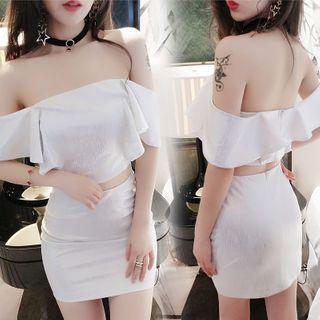 Set: Short-sleeve Off-shoulder Top + Mini Fitted Skirt