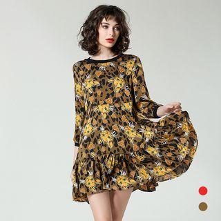 Cat Print 3/4-sleeve A-line Dress