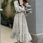 Long-sleeve Contrast Lapel Floral Dress