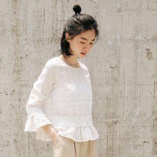 Plain Ruffle Hem Long-sleeve Blouse