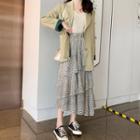 Spaghetti Strap Top / Patterned A-line Midi Skirt / Blazer