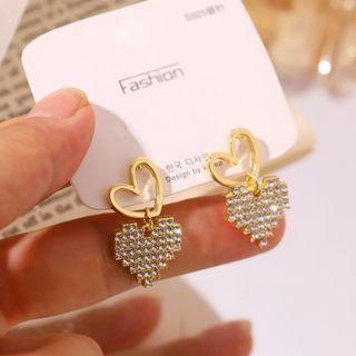 Rhinestone Double Love Heart Stud Earring As Shown In Figure - One Size