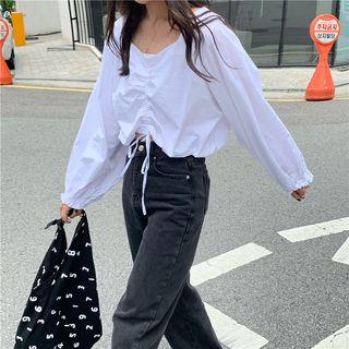 Drawstring Long-sleeve Cropped Blouse