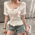 Buttoned Ruffled Short-sleeve Knit Top White - One Size