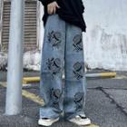 Cartoon Print Washed Wide Leg Jeans