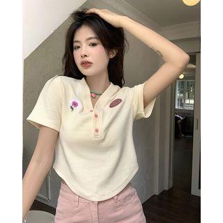 Short-sleeve Floral Henley Top