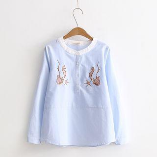 Embroidered Half Placket Long-sleeve Blouse