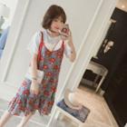 Set: Short-sleeve T-shirt + Spaghetti-strap Flower Print Dress