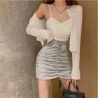 Cropped Camisole Top / Plain Cardigan / Drawstring Mini Pencil Skirt / Set