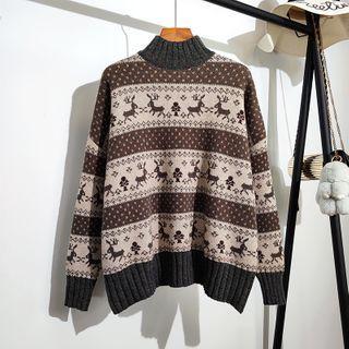 Deer Jacquard Semi High-neck Sweater