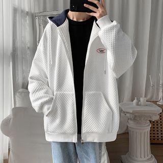 Textured Lettering Print Hooded Zip Jacket