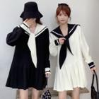 Long-sleeve Pleated Mini A-line Sailor Collar Dress
