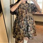 Puff-sleeve Bear Print A-line Dress Off-white - One Size