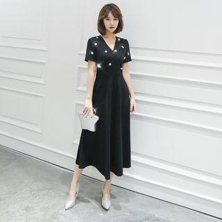 Short-sleeve Embellished A-line Midi Dress