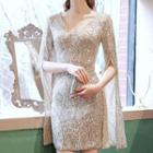 Cape-sleeve Sequined Sheath Cocktail Dress