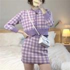 Checked Cropped Cardigan / Knit Mini Skirt / Camisole Top Set - Purple - One Size