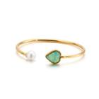 Fashion And Simple Plated Gold Heart-shaped Green Cubic Zirconia Imitation Pearl 316l Stainless Steel Bangle Golden - One Size
