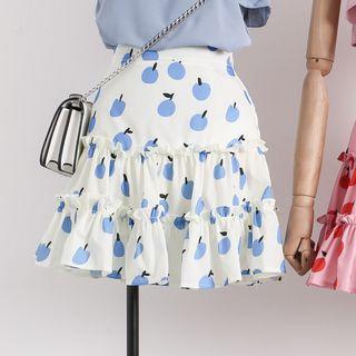 Ruffled-hem Apple-print A-line Skirt