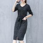 Long-sleeve Drawstring Waist Knitted Dress