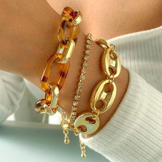 Set Of 3: Alloy / Rhinestone / Acetate Bracelet (various Designs) Set Of 3 - Alloy & Rhinestone & Acetate Bracelet - Gold - One Size