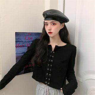 Long-sleeve Lace-up Cropped Knit Top