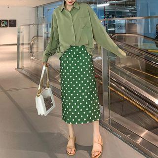 Set: Long-sleeve Shirt + Midi Dotted A-line Skirt
