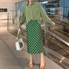Set: Long-sleeve Shirt + Midi Dotted A-line Skirt