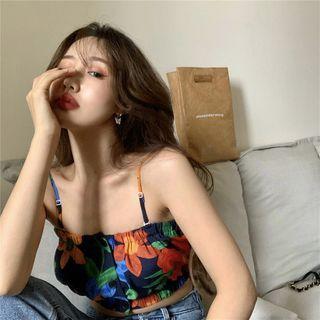 Flower Print Strapless Cropped Top Black - One Size