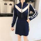 Contrast Long-sleeve Half-zip Knit Dress Blue - One Size