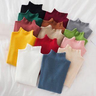 Semi High-neck Flower Trim Knit Top